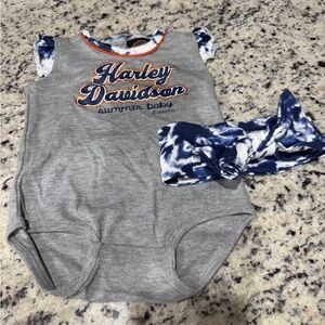 Harley-Davidson Gray Onesie with Blue and Orange Trim with headband